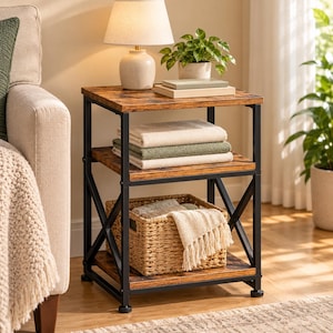 May include: A three-tier side table with a black metal frame and brown wood-grain shelves. The top shelf holds a lamp and books, the middle shelf holds folded towels, and the bottom shelf holds a woven basket with a fringed throw blanket.