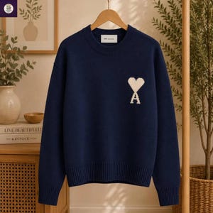 Könnte beinhalten: Ein dunkelblauer Langarmpullover mit Rundhalsausschnitt und einem weißen, herzförmigen Logo mit dem Buchstaben A an der Basis auf der linken Brust. Das Kleidungsstück hat einen gerippten Kragen, Bündchen und Saum sowie ein weißes Innenetikett.
