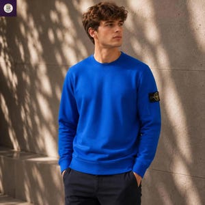 Puede incluir: Una sudadera de cuello redondo y manga larga en color azul real vibrante, con un parche de tela negro en la manga izquierda que presenta un emblema de brújula en amarillo y verde. La prenda tiene cuello, puños y dobladillo de canalé.
