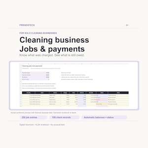 May include: A digital workbook for solo cleaning businesses titled Cleaning business Jobs & payments. It features a spreadsheet interface with columns for job date, client, service, charge, paid, balance, due date, status, and notes with example data.