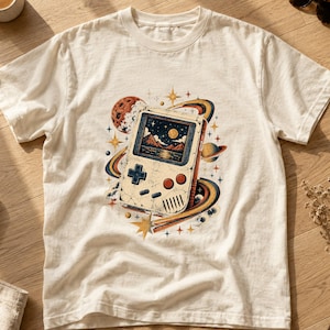 Puede incluir: Una camiseta de manga corta de color crema con un estampado gráfico de una consola de videojuegos portátil. La pantalla muestra un paisaje nocturno con montañas y una luna. La consola está rodeada de planetas, estrellas y anillos coloridos.