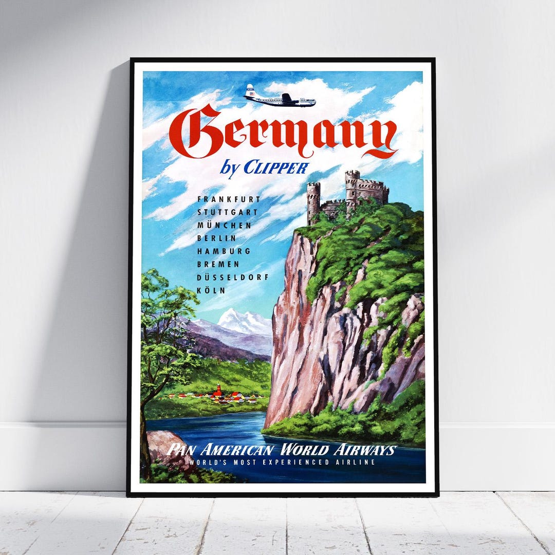 Pan Am Germany by Clipper 1951, Vintage Airline Travel Poster, Boeing ...