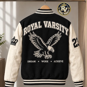 Varsity Jacket: Black & Cream, Striped Rib-Knit Cuffs, Front Snap Closure