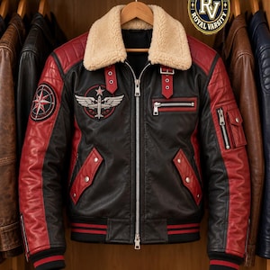 Chaqueta de piloto, de cuero rojo y negro, con parche de alas y forro de borrego.