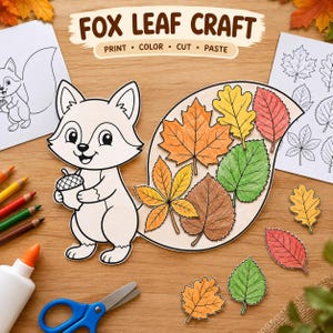 Könnte beinhalten: Ein Bastelset mit dem Titel FOX LEAF CRAFT und den Anweisungen PRINT, COLOR, CUT, PASTE. Es enthält einen Fuchsausschnitt aus Papier mit einer Eichel, eine große Schwanzform, verschiedenfarbige Blätter in Orange, Gelb, Grün und Braun sowie eine Schere und Kleber.