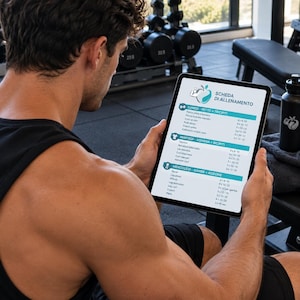 Può includere: Un tablet digitale che mostra una scheda di allenamento intitolata SCHEDA DI ALLENAMENTO, con un elenco di esercizi per lunedì, martedì e mercoledì con serie e ripetizioni, tenuto in una palestra con attrezzature visibili sullo sfondo.