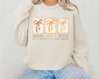 Grateful Thankful Blessed Sweatshirt: Coquette Bow Thanksgiving Crewneck