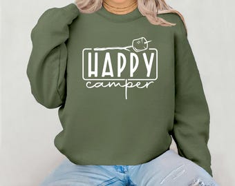 Happy Camper Sweatshirt: Cozy Campfire Crewneck - Marshmallow Graphic