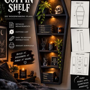 May include: A black coffin-shaped wall shelf with five tiers, illuminated by integrated lights. The shelf displays books, a skull, plants, and candles. Included are DIY woodworking plans with diagrams showing a 48-inch height and 16-inch width.