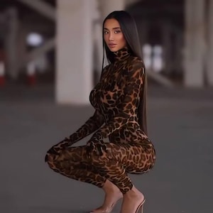 May include: A long-sleeved, high-neck jumpsuit featuring a brown and black leopard print pattern. The garment is form-fitting and covers the arms and legs completely, crafted from a sheer, lightweight fabric that displays the animal print design.