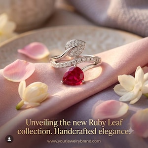 May include: A silver-toned ring featuring a pear-shaped red gemstone and a leaf-shaped accent encrusted with small clear stones. The text reads: Unveiling the new Ruby Leaf collection. Handcrafted elegance. www.yourjewelrybrand.com