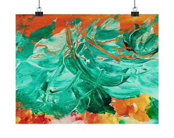 Póster horizontal mate abstracto floral color verde azulado / Arte botánico con pinceladas