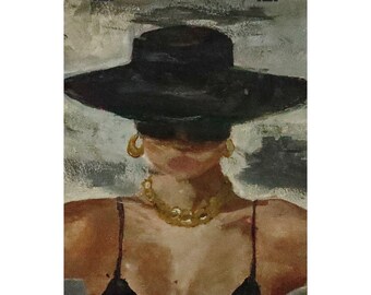 Elegante dama con sombrero de ala ancha, póster vertical mate / Retrato de moda, joyas de oro