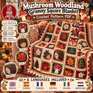May include: A digital PDF crochet pattern for a Mushroom Woodland Granny Square Blanket. The cover features text and images of squares with motifs including mushrooms, acorns, leaves, a fox, a hedgehog, flowers, and pine trees.