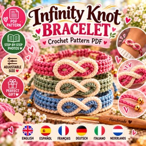 Puede incluir: Un patrón de ganchillo en PDF para una pulsera de nudo infinito con tres pulseras en rosa, verde y azul con nudos infinitos de color crema. La imagen incluye el texto Infinity Knot Bracelet Crochet Pattern PDF e iconos para fotos.