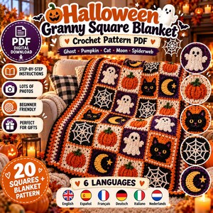May include: A crochet pattern PDF for a Halloween granny square blanket featuring squares with ghosts, pumpkins, black cats, moons, and spiderwebs in orange, black, white, and yellow. The digital download includes step-by-step instructions.