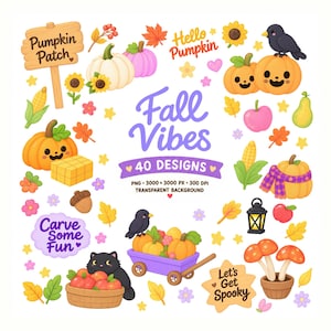 Puede incluir: Una colección digital de 40 ilustraciones con temática otoñal que incluye calabazas, un gato negro, cuervos, setas, girasoles, hojas y linternas. El texto incluye Pumpkin Patch, Hello Pumpkin, Fall Vibes, Carve Some Fun y Let's Get Spooky.
