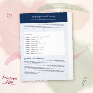 May include: A printable PDF document titled The Night Shift Planner with a dark blue header. The page lists nine chapters covering topics like rotating-shift schedules, day-sleep systems, recovery days, and money management for shift workers.