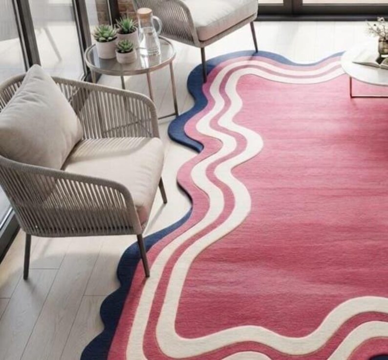 Wavy Edged Rug Pink Navy Cream Wavy Border Area Rug, Modern Scalloped Edge Carpet ...
