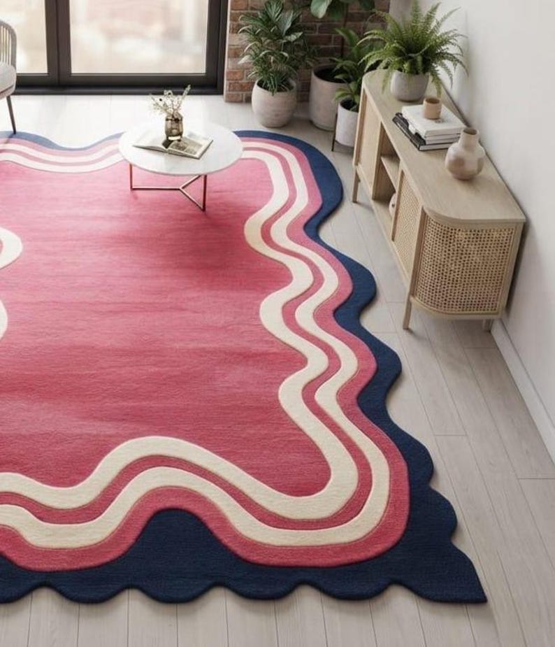 Wavy Edged Rug Pink Navy Cream Wavy Border Area Rug, Modern Scalloped Edge Carpet ...