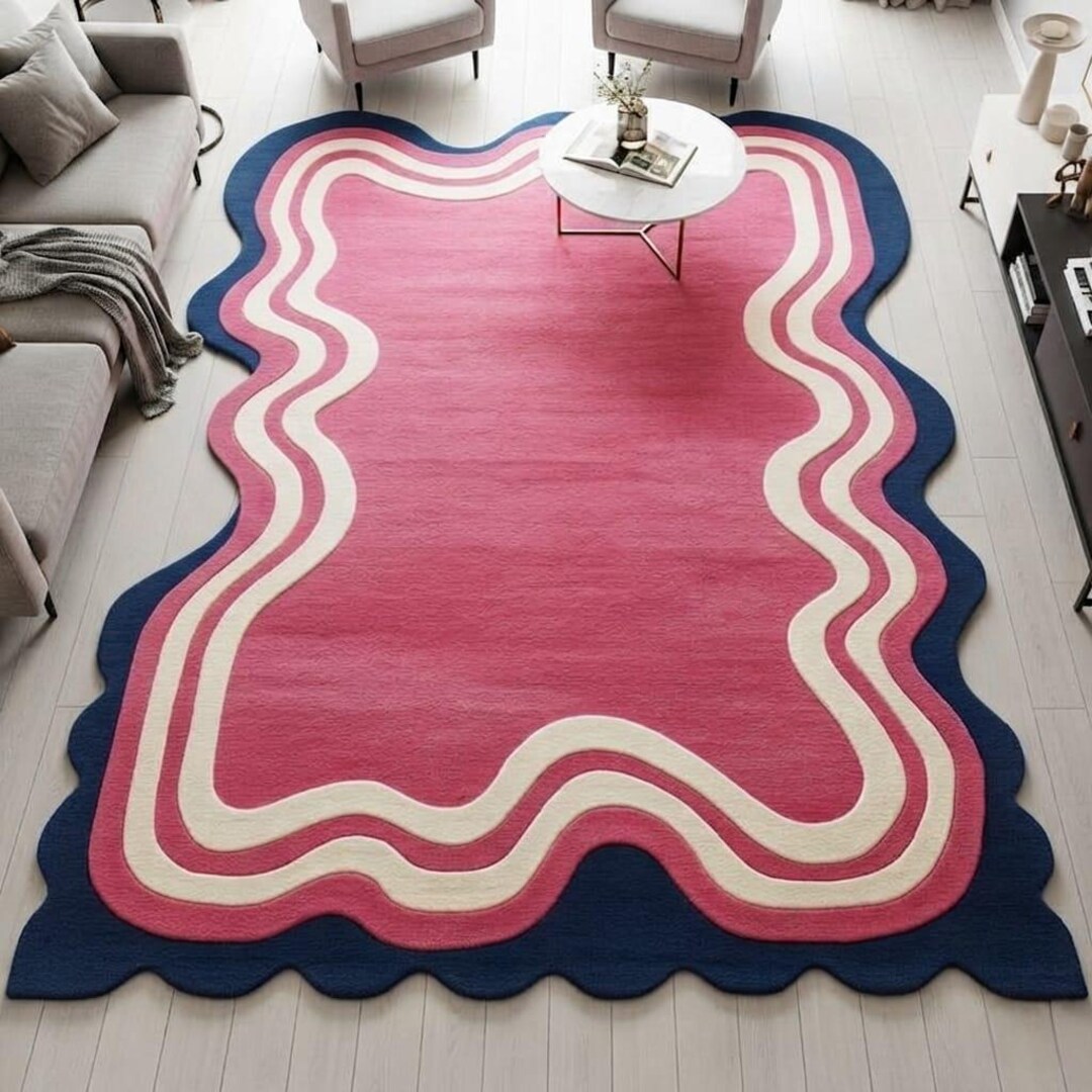 Wavy Edged Rug Pink Navy Cream Wavy Border Area Rug, Modern Scalloped Edge Carpet ...