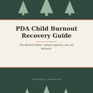 May include: A digital guide titled PDA Child Burnout Recovery Guide with the subtitle The demand detox: restore capacity, not just behavior. The document features a dark green background with light green pine tree icons and includes 10 strategies + 4 printable tools.