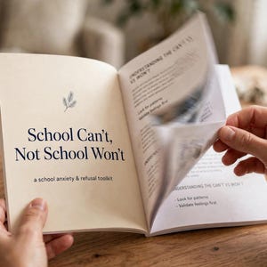 May include: An open softcover book titled School Can't, Not School Won't: a school anxiety & refusal toolkit. The cover is cream-colored with dark blue text and a small leaf icon. The pages are being turned, revealing interior text and headers.