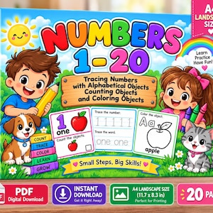 Könnte beinhalten: Ein A4-Querformat-Aktivitätenbuch mit dem Titel Numbers 1-20, das einen Jungen und ein Mädchen mit einem Welpen und einem Kätzchen zeigt. Das Cover enthält Text zum Nachspuren von Zahlen, Zählen und Ausmalen sowie Sonne und Regenbogen.