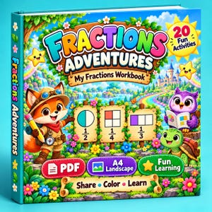 Può includere: Un quaderno di esercizi intitolato Fractions Adventures My Fractions Workbook con una volpe, un gufo e una tartaruga. La copertina mostra diagrammi di frazioni, un sole con il testo 20 Fun Activities e pulsanti PDF, A4 Landscape e Fun Learning.