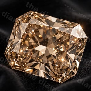 May include: A radiant-cut champagne colored diamond featuring numerous triangular and trapezoidal facets that reflect light, creating a brilliant sparkle. The gemstone is set against a dark, textured fabric with the text the diamond visible.