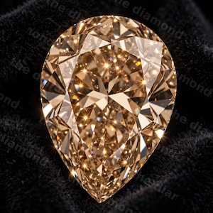 May include: A pear-shaped champagne-colored diamond featuring a brilliant cut with numerous triangular and kite-shaped facets that reflect light, creating a sparkling effect. The gemstone is set against a dark, textured black fabric background.
