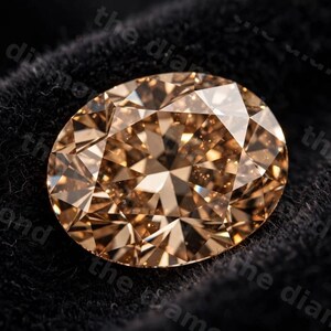 May include: An oval-cut champagne colored diamond with numerous triangular facets that reflect light. The gemstone displays a warm, brownish-gold hue and is set against a dark, textured fabric background with the repeating text the diamond.