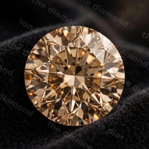 May include: A round-cut champagne-colored diamond featuring a brilliant faceted surface with intricate geometric patterns that reflect light, creating a sparkling effect across the stone's surface, set against a dark, textured fabric background.
