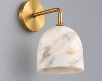 Aplique de pared moderno con cúpula de alabastro, lámpara de pared de latón cromado cepillado, pantalla de piedra natural de 5 pulgadas, iluminación contemporánea de lujo.
