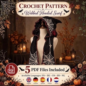 May include: A black crochet hooded scarf featuring a white spiderweb pattern and a red spider accent. The text reads CROCHET PATTERN Webbed Hooded Scarf and 5 PDF Files Included. The design includes a pointed hood and long scarf ends.