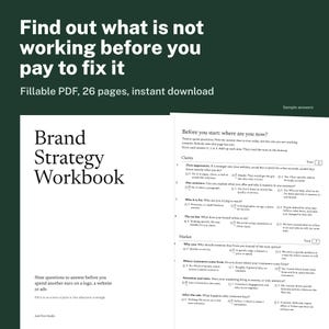 Op de afbeelding: Een 26-pagina tellend invulbaar PDF-werkboek voor merkstrategie met een donkergroene achtergrond. De tekst luidt: Find out what is not working before you pay to fix it. Het document bevat een sectie getiteld Before you start: where are you now?