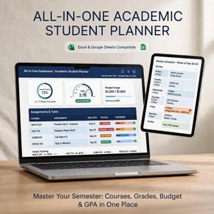May include: An all-in-one academic student planner digital dashboard displayed on a laptop and tablet screen. The interface shows semester progress, GPA, budget usage, and a weekly schedule with assignments, tasks, and grade tracking features.
