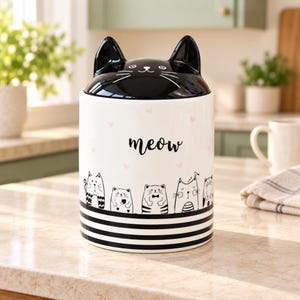 Tarro de cerámica con forma de gato y tapa negra, bote decorativo blanco y negro, joyero y recipiente para baratijas, regalo para amantes de los gatos.