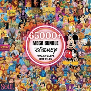 Könnte beinhalten: Eine digitale Collage zahlreicher Disney-Figuren um eine zentrale kreisförmige Grafik mit dem Text 65000+ MEGA BUNDLE DISNEY PNG, SVG, EPS DXF FILES und einer Ganzkörperillustration von Mickey Mouse auf der rechten Seite.