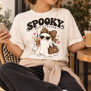 Spooky But Stylish Ghost T-Shirt, Leopard Print Halloween Tee, Kawaii Fall Fashion
