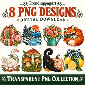 Puede incluir: Una colección digital de 8 diseños PNG titulada TrendingpngArt, que presenta ilustraciones de calabazas, un paisaje de montaña, flores en una regadera, un zorro con libros, un ganso, setas, un gato negro con una calabaza y limones con un lazo.