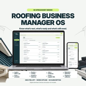 Roofing Business Manager: Roofer Contractor CRM, Job Costing Software, Quote Invoice Organizer, Crew Scheduling Dashboard (Offline HTML App)