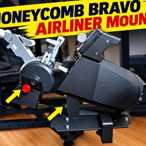 May include: A black Honeycomb Bravo Airliner Mount flight simulator throttle quadrant controller featuring multiple levers, a red adjustment knob, and a mounting bracket. The text HONEYCOMB BRAVO AIRLINER MOUNT is displayed in bold black and red letters.