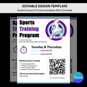 Może przedstawiać: Edytowalny szablon ulotki programu treningu sportowego z tekstem Sports Training Program, The Better Coach oraz szczegółami sesji na wtorki i czwartki. Zawiera fioletową grafikę kołową z biegaczem, ikonę zegara oraz kod QR.