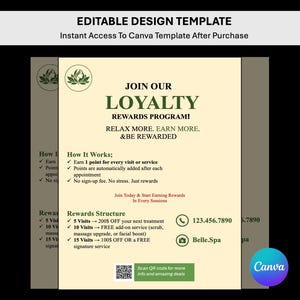 May include: An editable loyalty rewards program template for a spa, featuring a cream background with dark green text. It includes sections for how it works, a rewards structure, a phone icon with 123.456.7890, a camera icon with Belle.Spa, and a QR code.