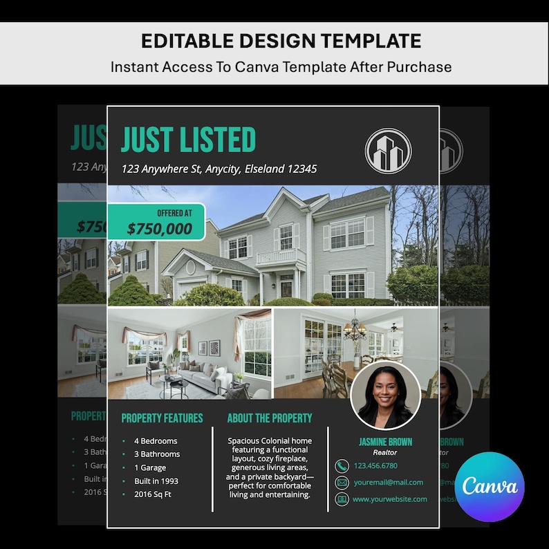 Just Listed Flyer Template, Real Estate Property Flyer, Editable Canva ...