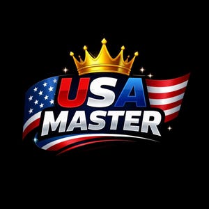 May include: A graphic logo featuring a golden crown resting above the text USA MASTER in bold, metallic lettering. The design incorporates a stylized American flag with red, white, and blue colors, set against a solid black background.