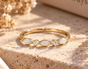 Marquise Opal Ring for Women, Dainty Vintage Inspired Jewelry, October Birthstone Gift for Her, Romantic Anniversary Gift for Girlfriend