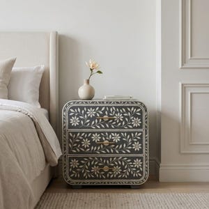Handmade Floral Resin Inlay Nightstand – Black Bedside Table with Brass Knobs
