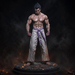 Könnte beinhalten: Eine detailreiche Figur eines muskulösen Mannes mit dunklem Haar, bekleidet mit einer weißen Kampfsporthose, einem violetten Gürtel und dunkelroten Handbandagen. Die Figur steht auf einem runden Sockel mit einer rissigen, orange leuchtenden Oberfläche.